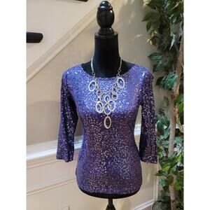 Calvin Klein Blouse Women’s Size Small Purple Sequin Crew Neck 3/4 Sleeves